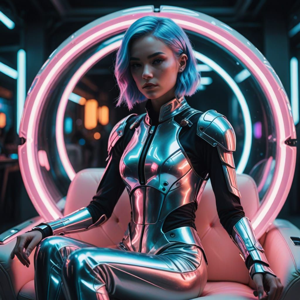 Futuristic Fashion Model in Neon Sci-Fi Armor