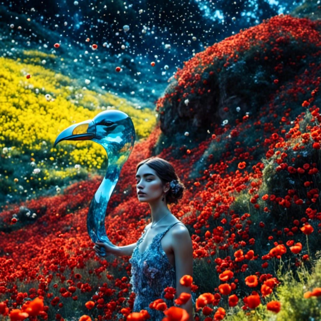 Puffin Coated in Poppies with Night Sparkle