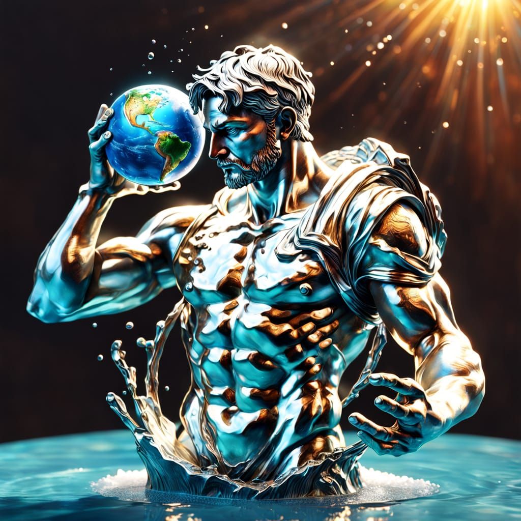 Hyperrealistic Atlas Statue Melting Into Mercury