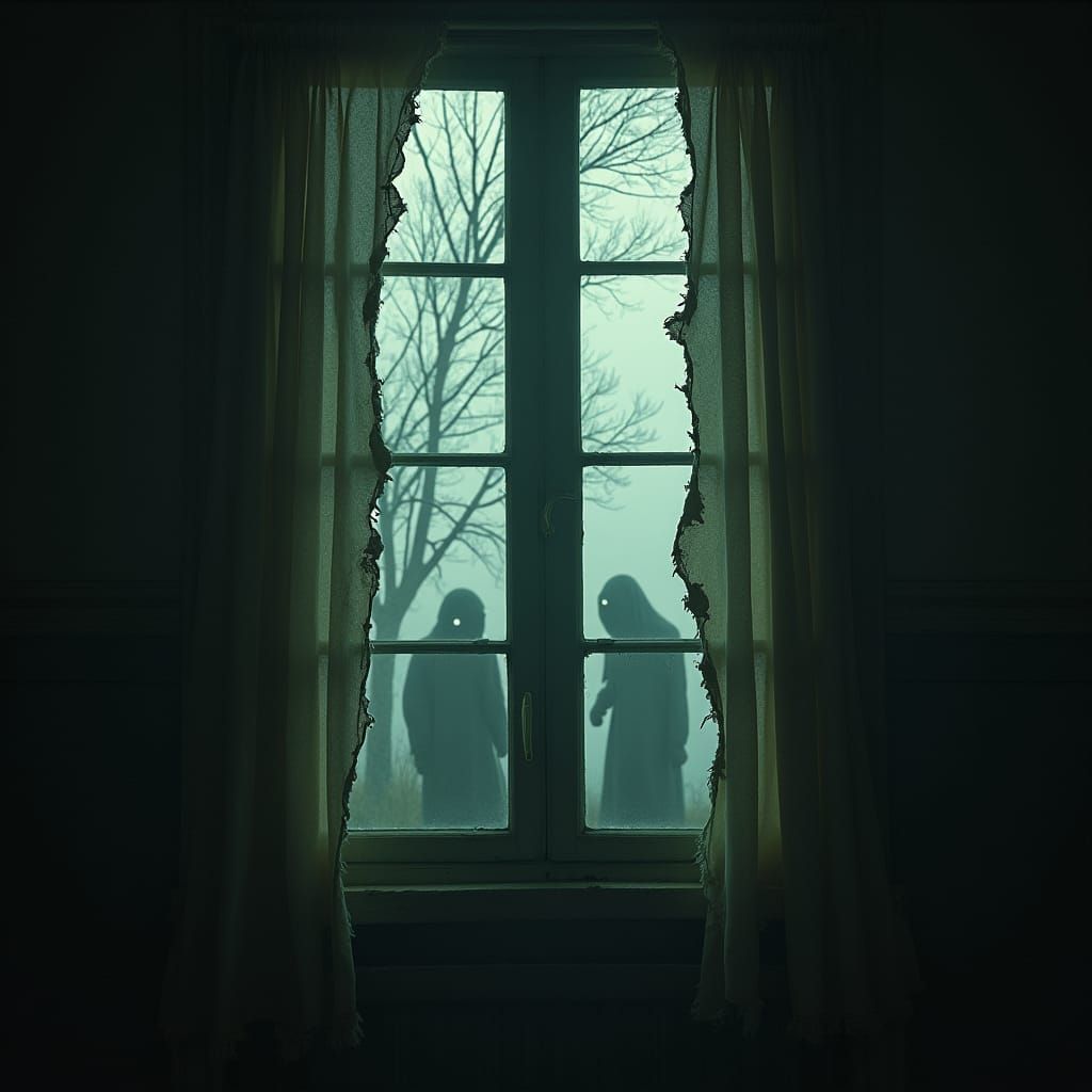 Eerie Curtains with Shadow Figures, in Gothic Style