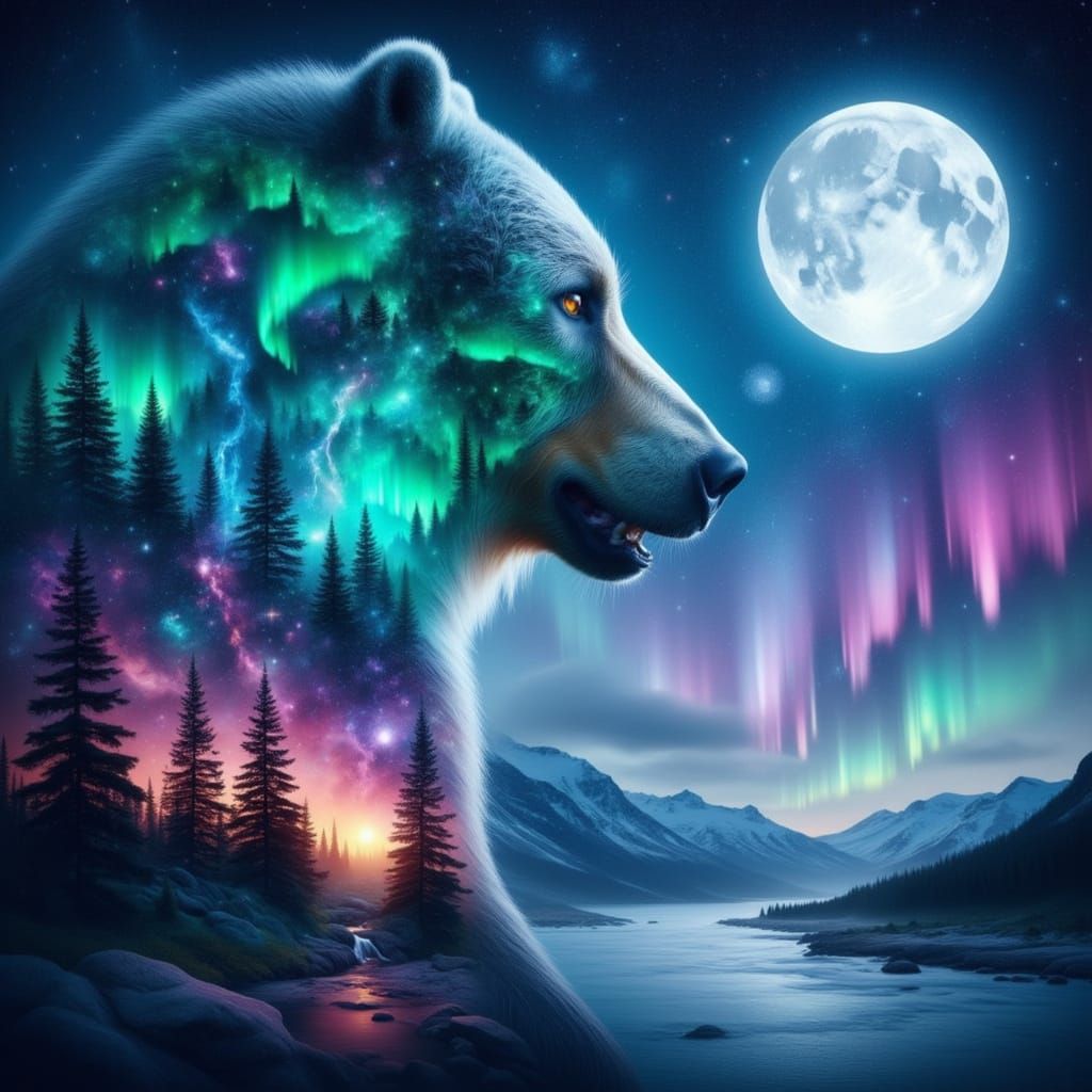 Majestic Bear Double Exposure with Cosmic Forest