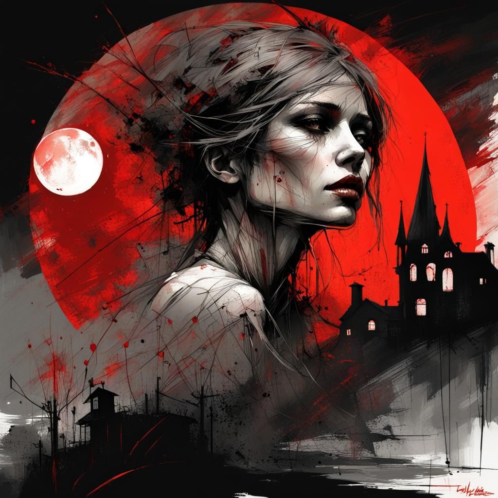 Haunted Village Under Red Moon in Art Nouveau Style