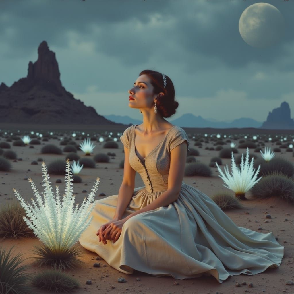 1950s Model in Alien Desert Landscape