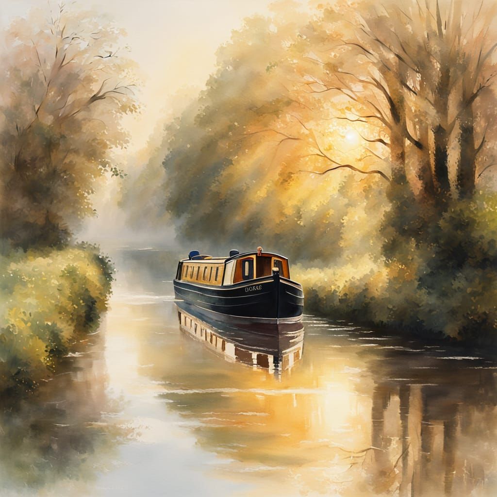 Misty Canal Narrowboat in Impressionist Style