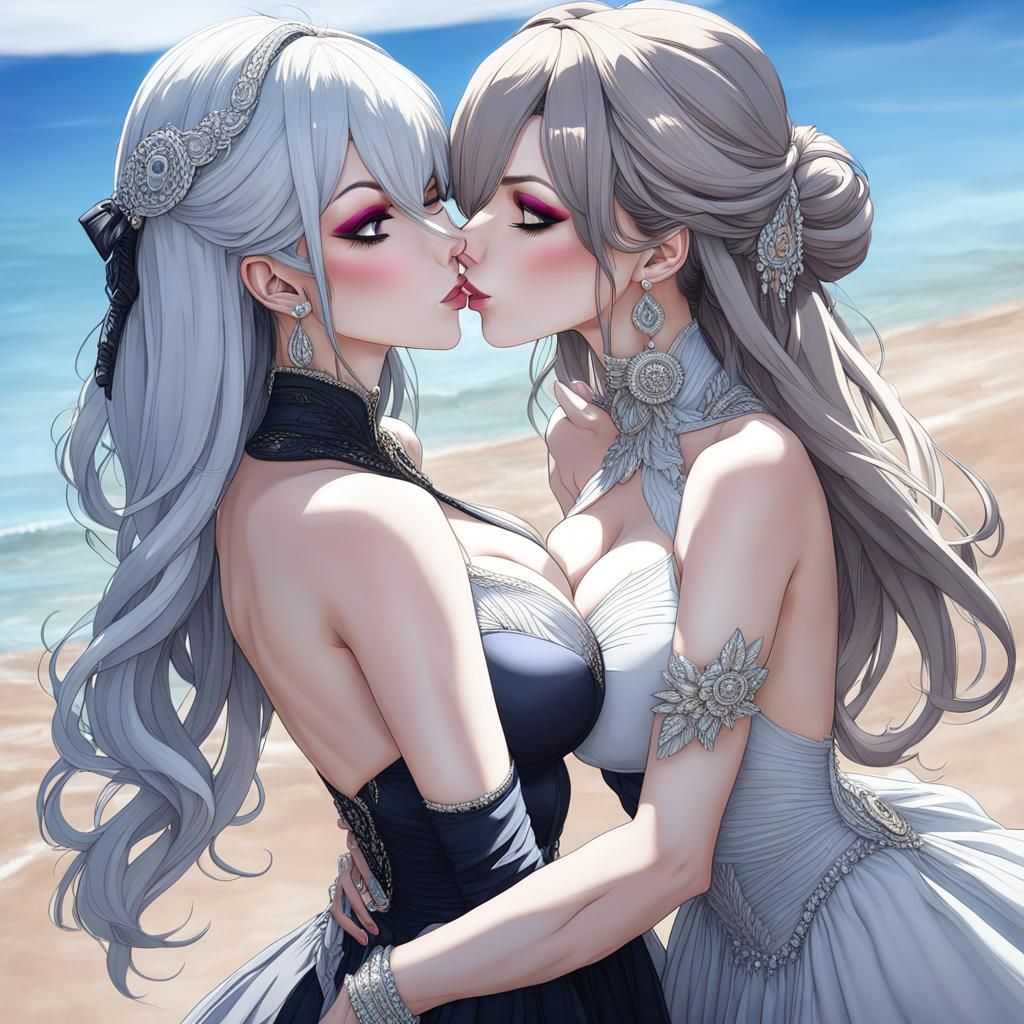 Elegant Beach Kiss: Hyperdetailed Lesbian Romance