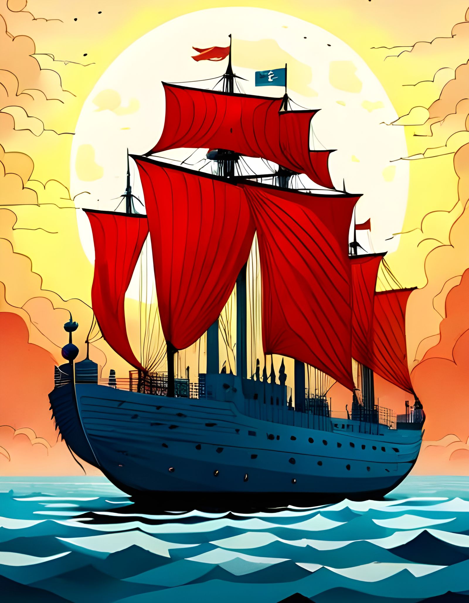 Moon Boat in Romantic Digital Illustration Style