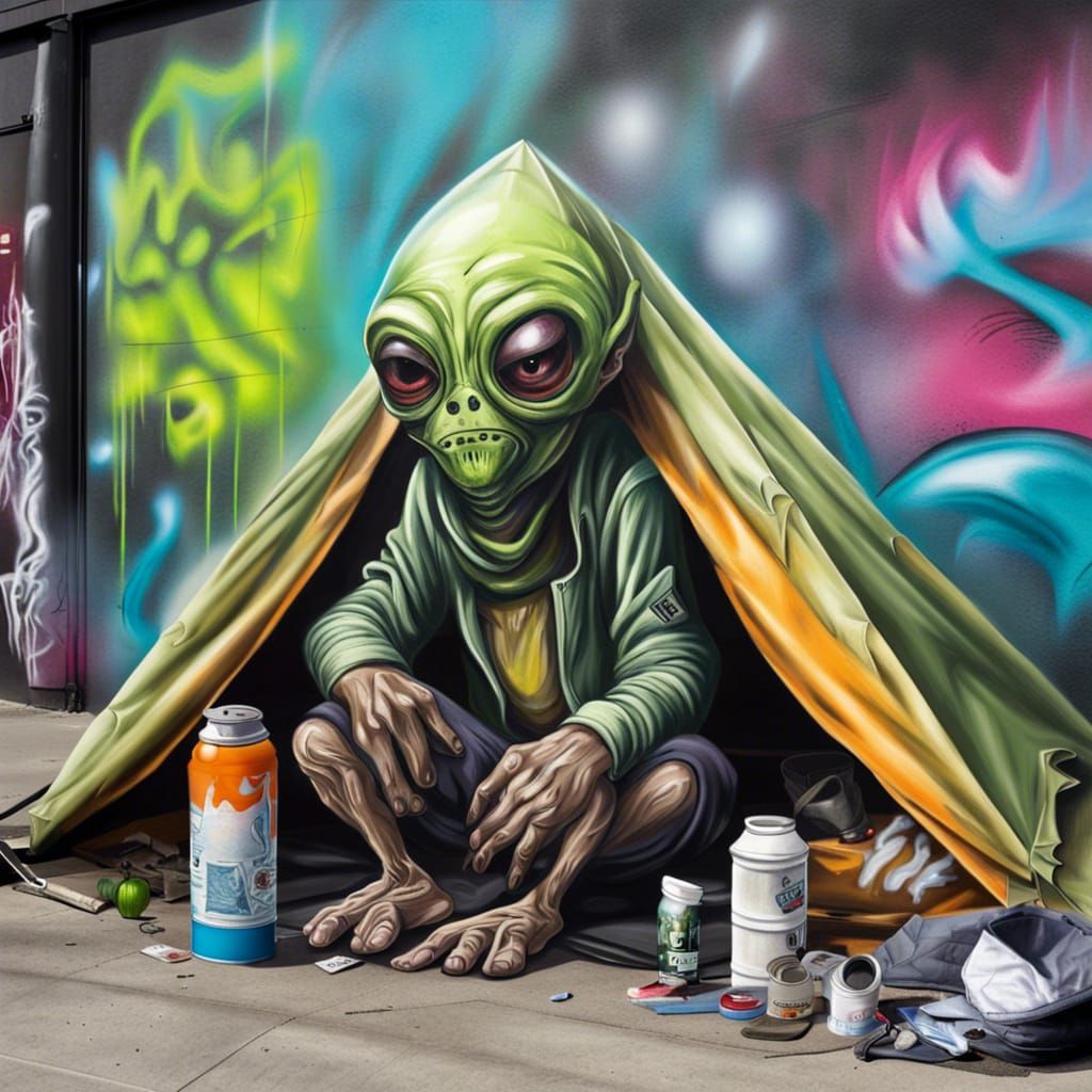 Homeless Alien Begging in City Street, Hyperrealistic Graffi...