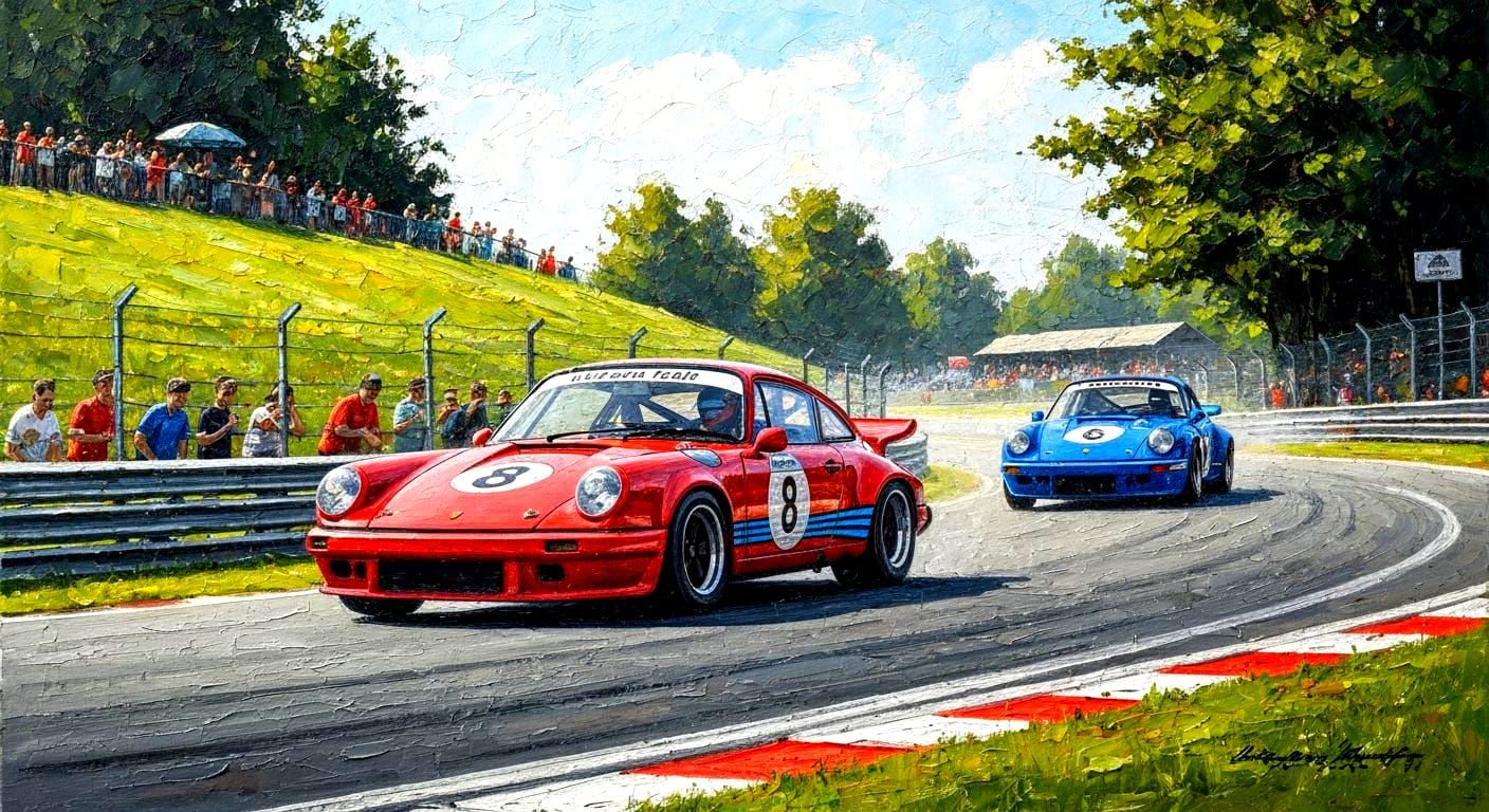 Porsche 911 Race Cars Speeding at Spa Neo-Impressionist Styl...