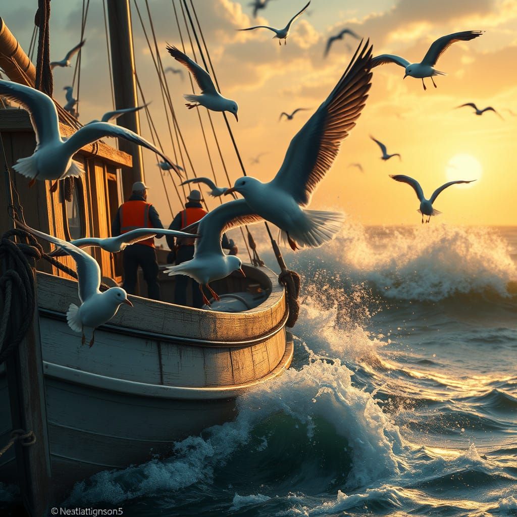 Seagulls Steal Fish from Weathered Fishing Boat in Turbulent...