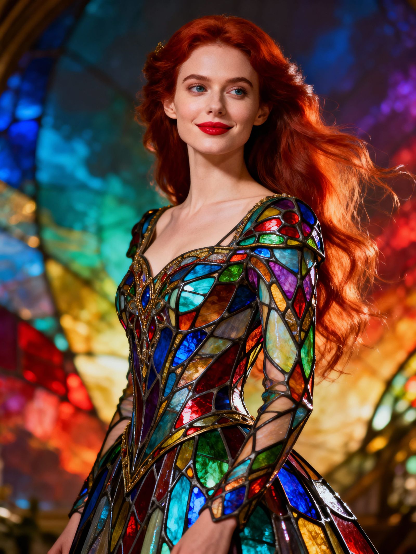 Regal Woman in Vibrant Stained Glass Gown