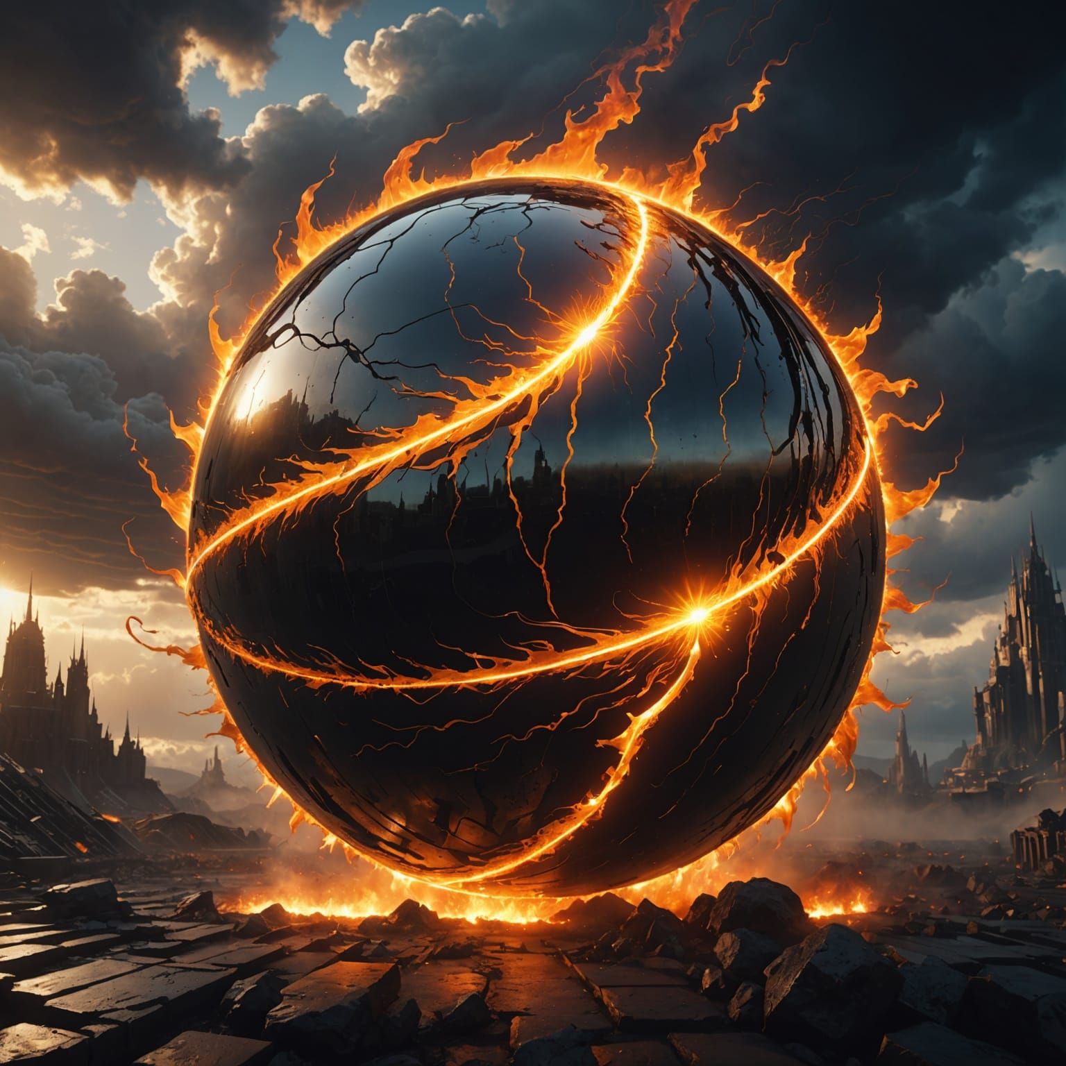 Metallic Android in Fiery Storm, Digital Matte Painting