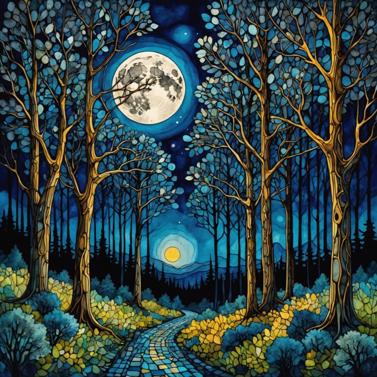 Moonlit Arabesque Forest in Impasto Alcohol Ink