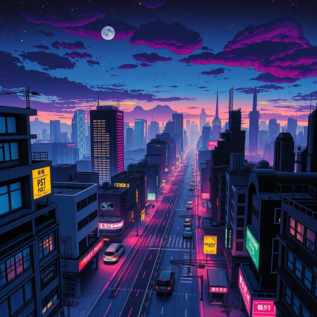 Cyberpunk Cityscape at Night in Comic Book Style