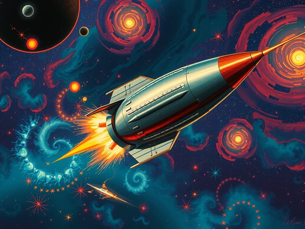 Retro Rocket Blasting Through Starry Cosmos