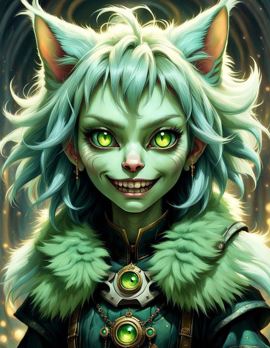 Hyperrealistic Goblin Cat-Girl Portrait in Cyberpunk Style