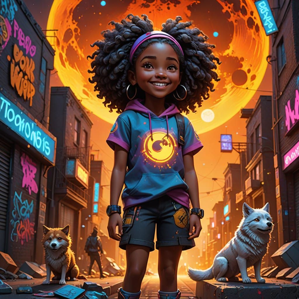 Cheerful Black Girl Marvels at the Wolf Moon in a Vibrant Ci...