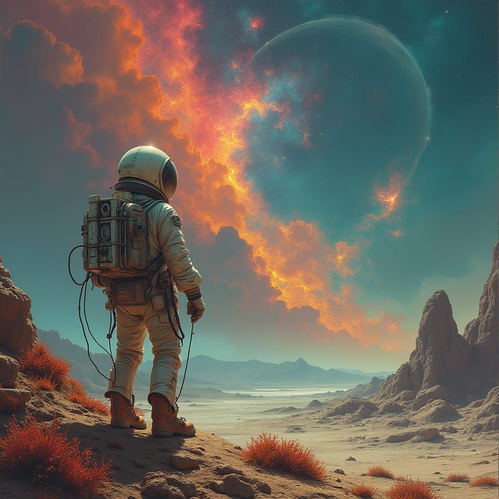 Astronaut Gazing at Nebula on Alien Planet in Sci-Fi Style