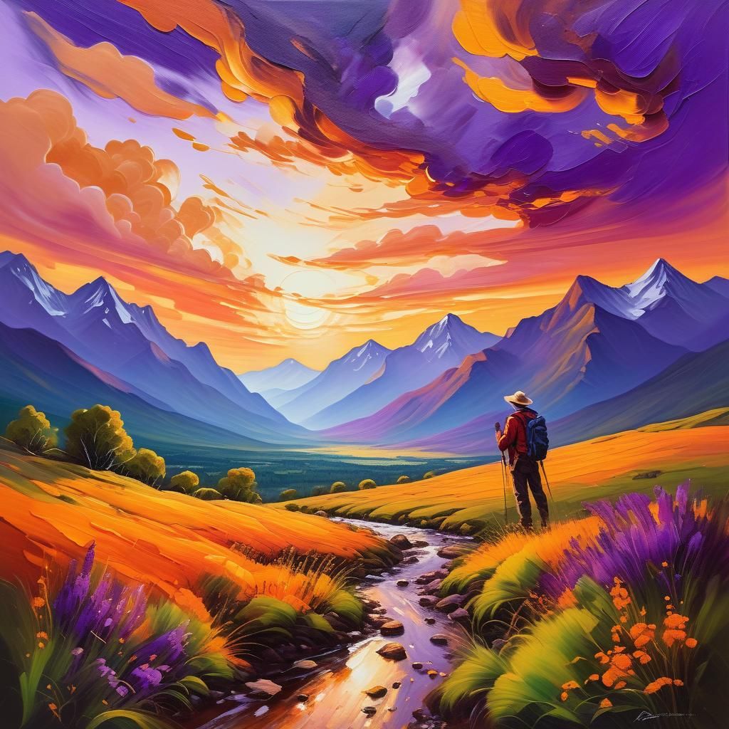 Vibrant Traveler Gazes Over Surreal Triadic Landscape