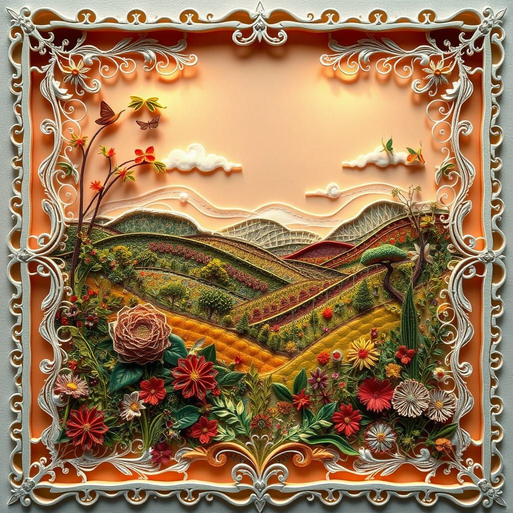Whimsical Paper Landscape with Delicate Embroidery