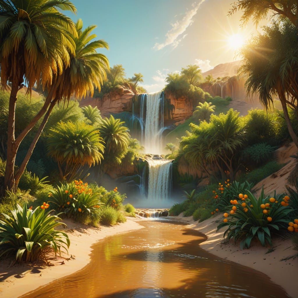 Sun Drenched Desert Waterfall with Citrus Trees, Vibrant Oil...