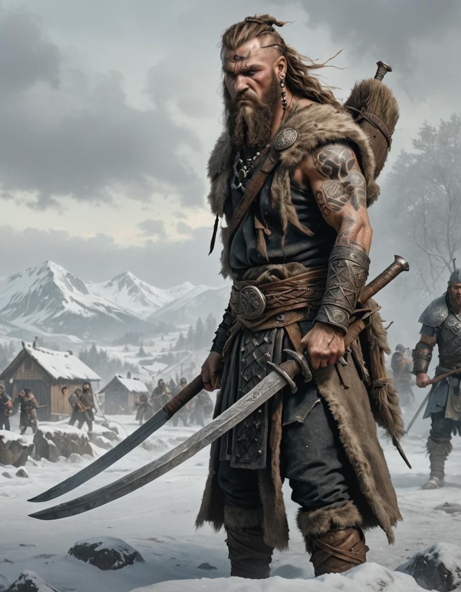 Suebian Berserker with Runic Tattoos, Hyperrealistic