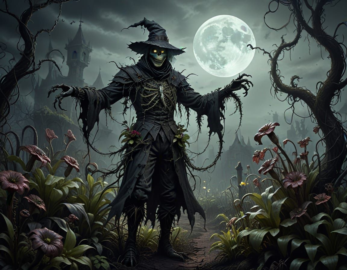Sinister Scarecrow's Gothic Garden in Dark Fantasy Style