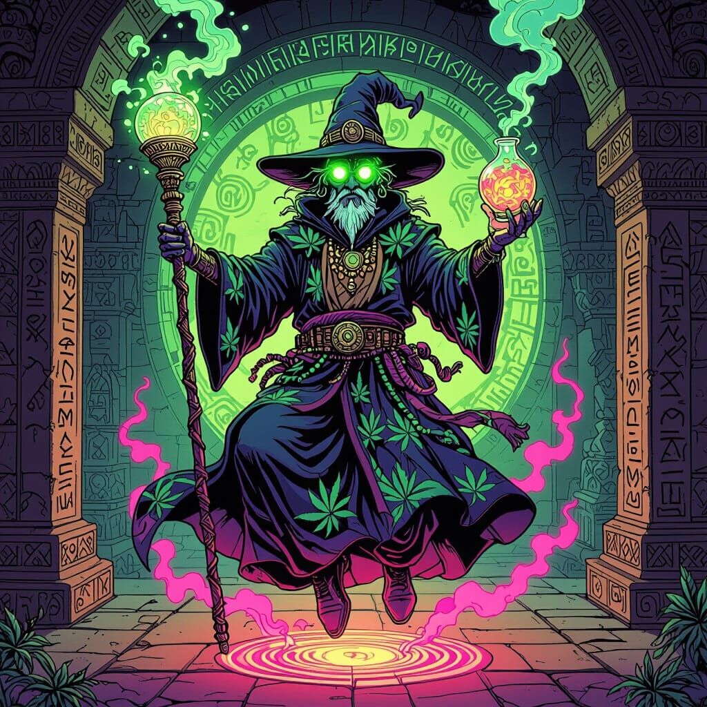 Psychedelic Wizard with Glass Staff in Comic Style