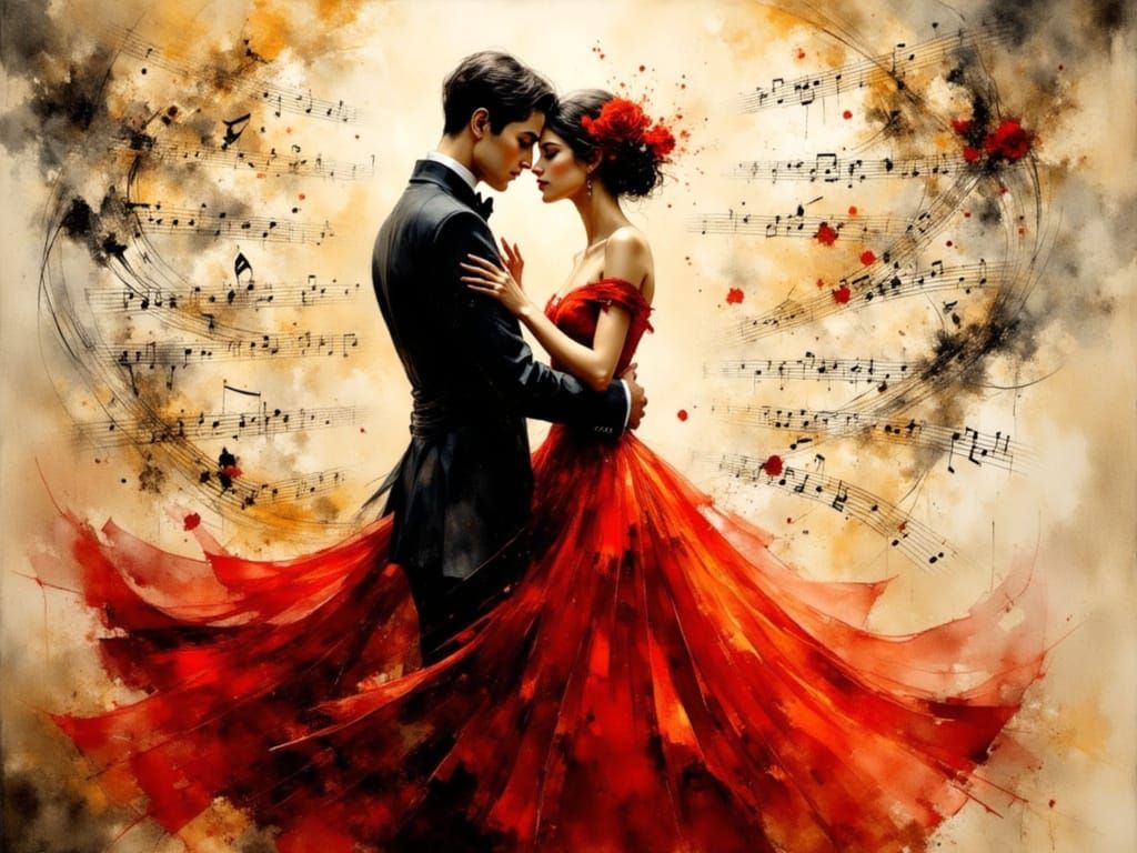 Elegant Couple Dancing in Musical Watercolor Painting