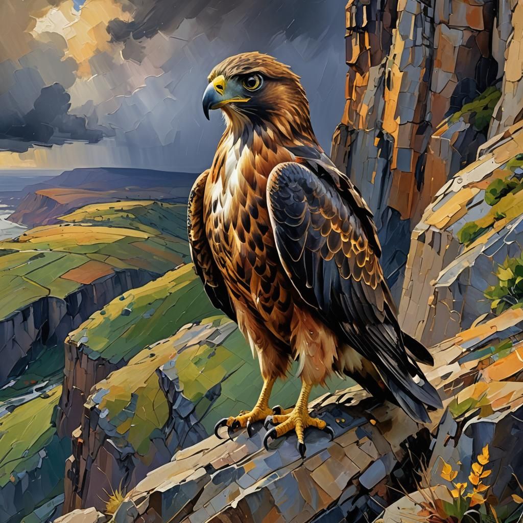 Hawk in Storm, Neo-Impressionist Impasto Oil Painting