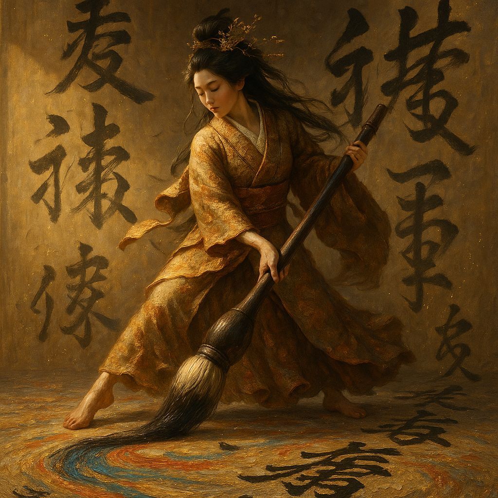 Japanese Princess Dancing with Paint Brush: Impasto Art