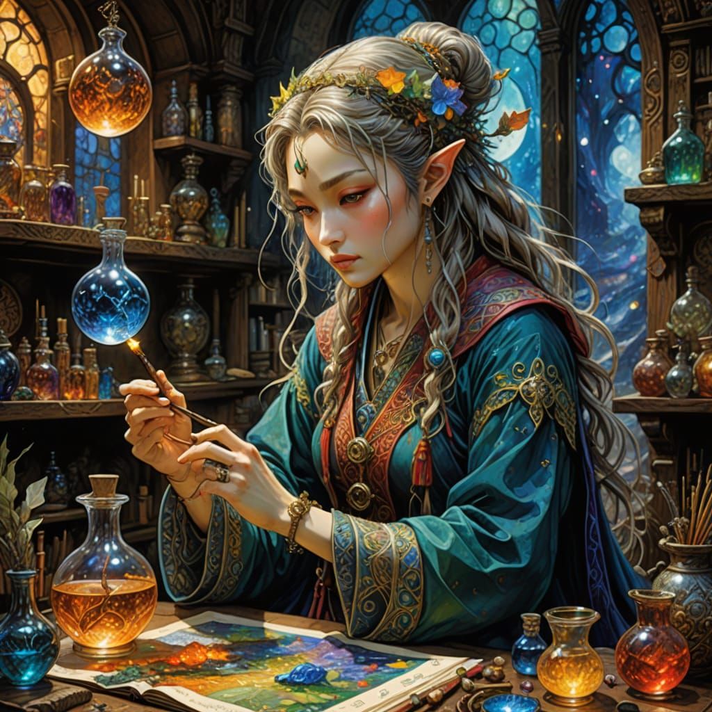 Elf Sorceress Prepares Potions in Ornate Magic Lab