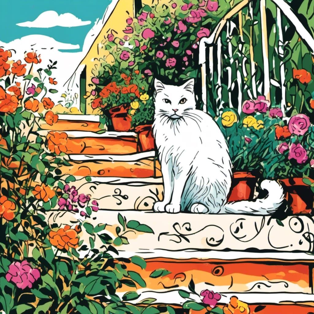 White Cat in Madeira: Minimalist Stickmen Illustration