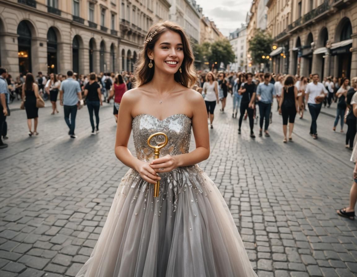 Woman in Silver Dress Holds Golden Key