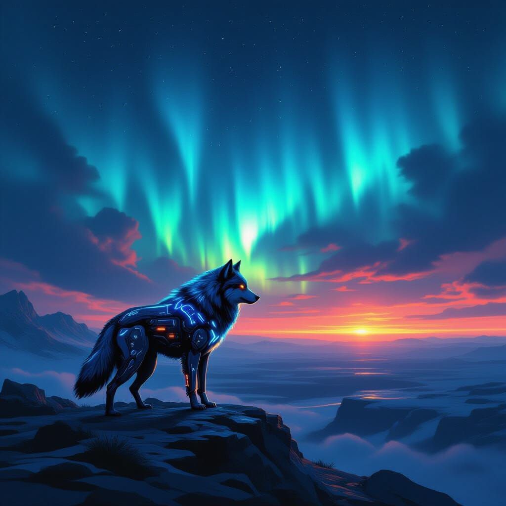 Cybernetic Wolf on Rocky Outcrop Under Neon Aurora