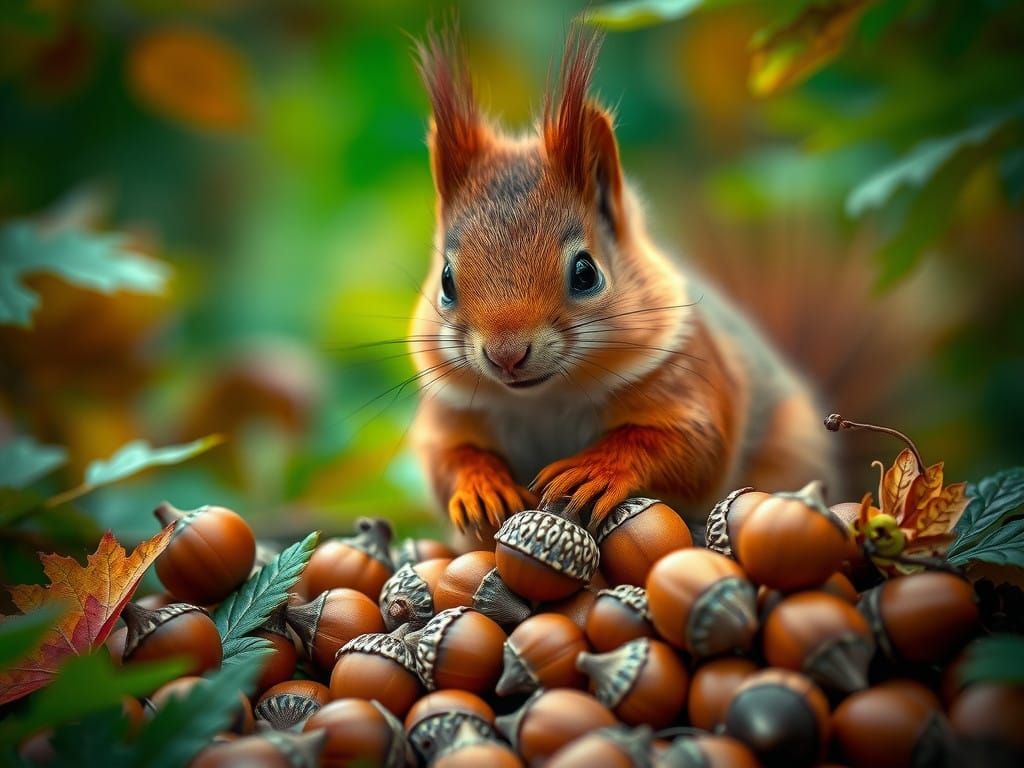 Winter-Ready Squirrel Prepares Golden Acorns in Emerald Fore...