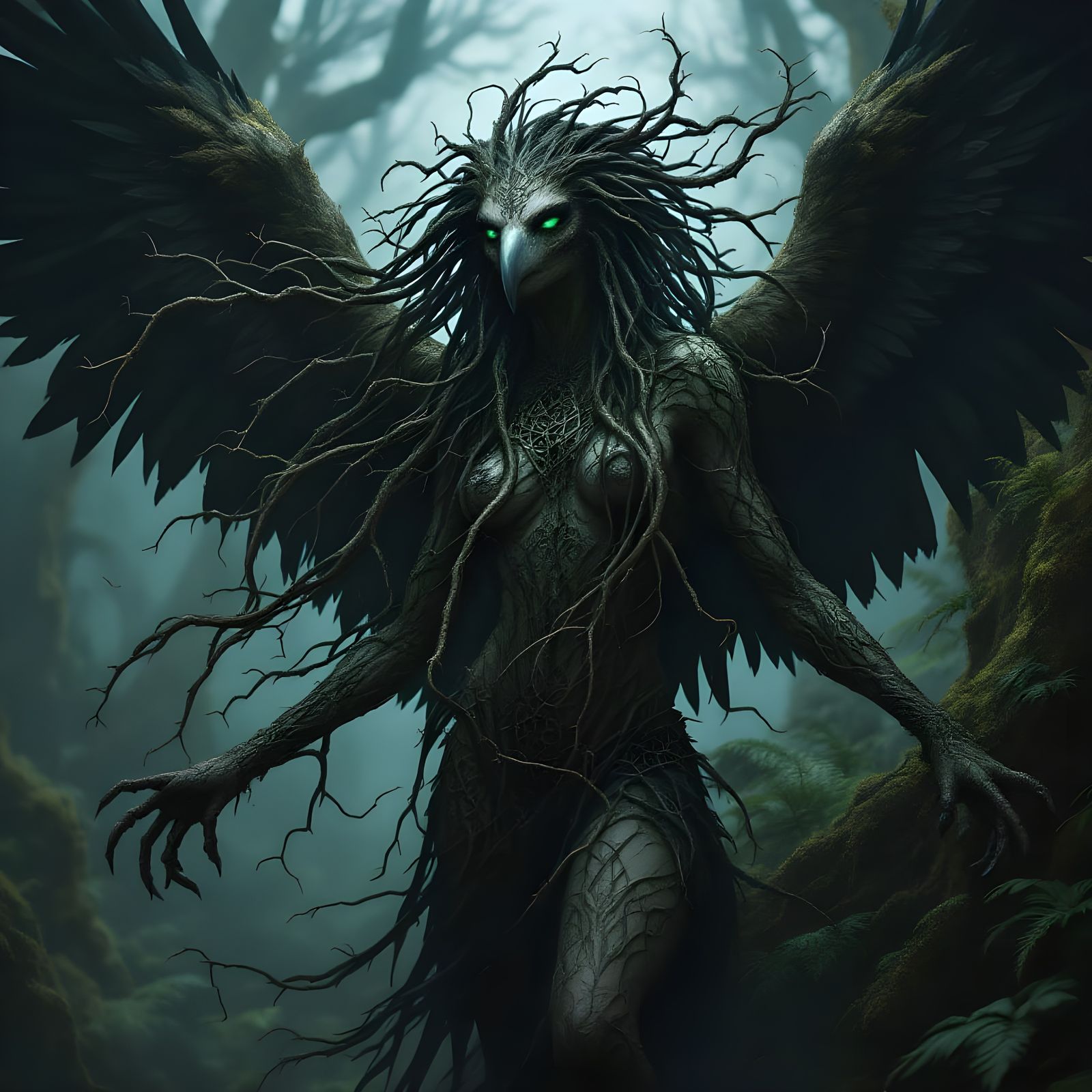 Enchanting Vulture Woman in Shadowy Woodland