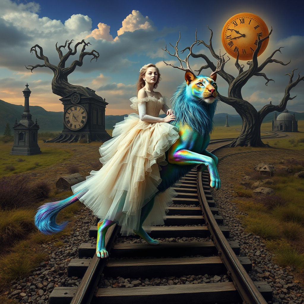 Woman Rides Cat in Surreal Dali Landscape