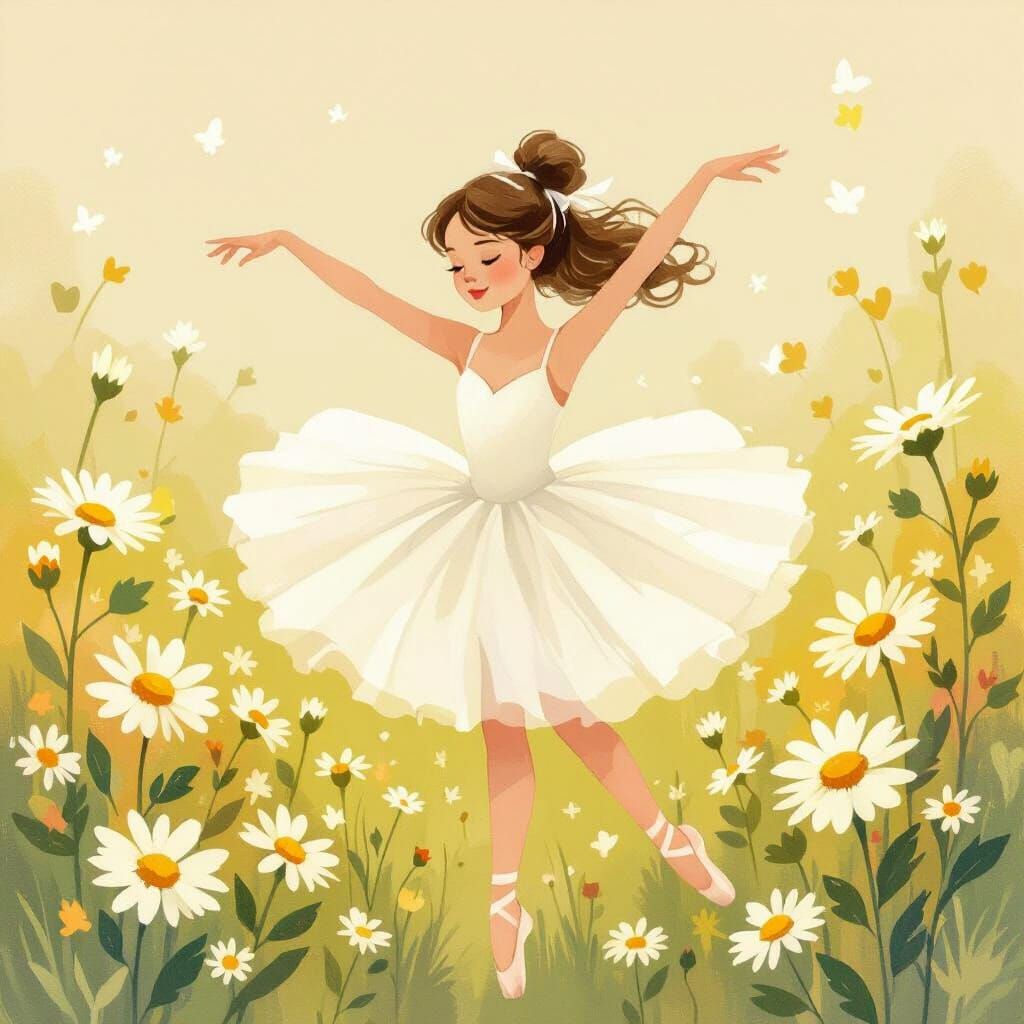 Ballerina Dances in Daisy Field, Fairy Tale Style