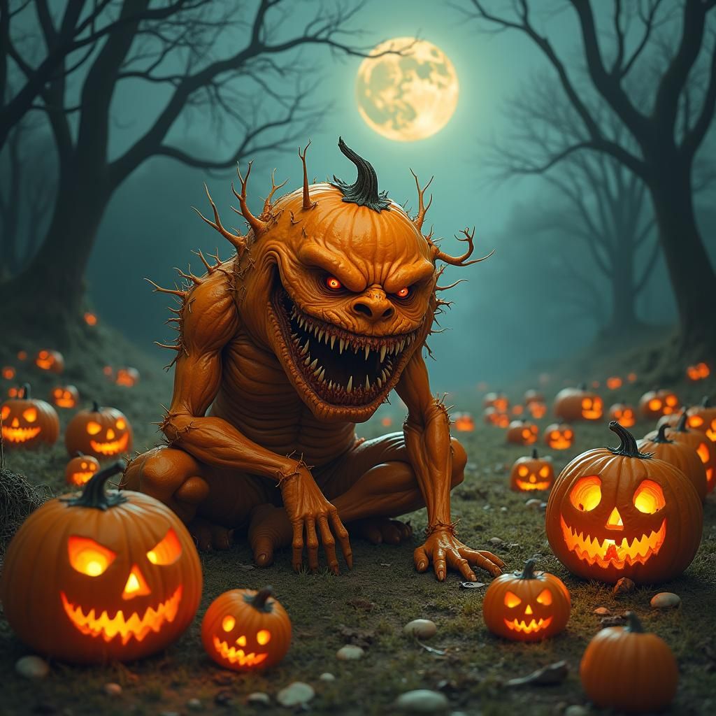 Distressed Jack-o'-Lantern in Gothic Pumpkin Patch