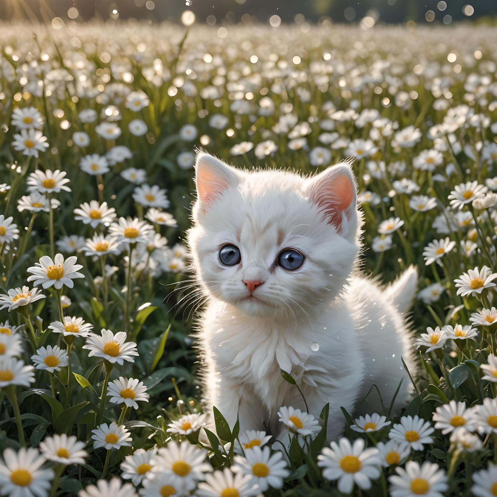 Cute White Kitten in Flower Field at Dawn
