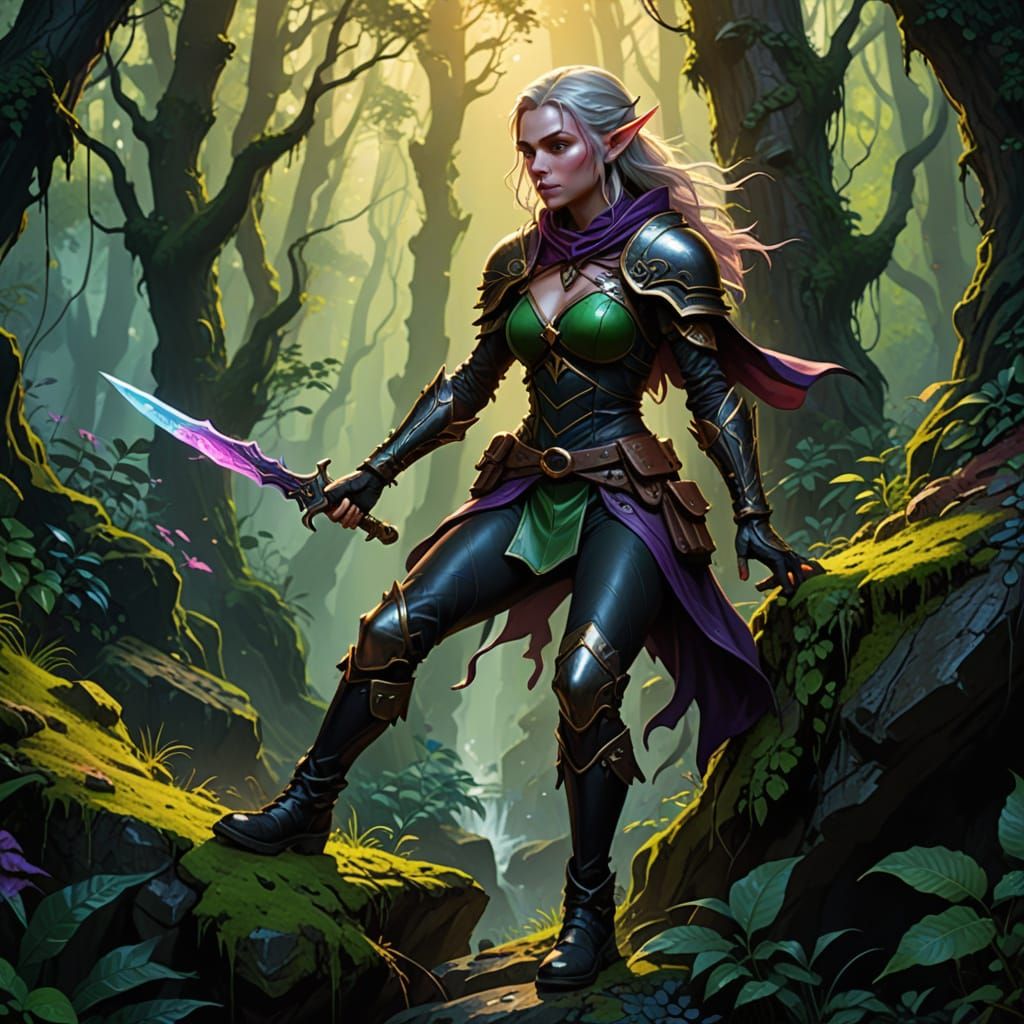 Elf Rogue Rappelling in Forest, Fantasy Art