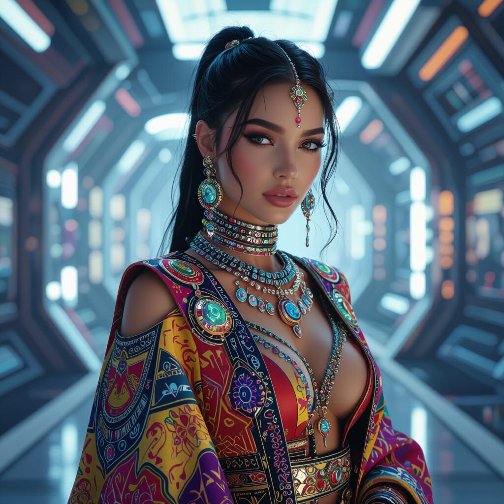Futuristic Woman in Colorful Clothing: Hyperrealistic Portra...