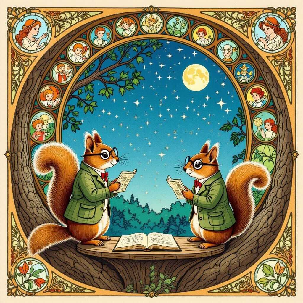 Squirrel Astronomers in Woodland Observatory, Art Nouveau St...