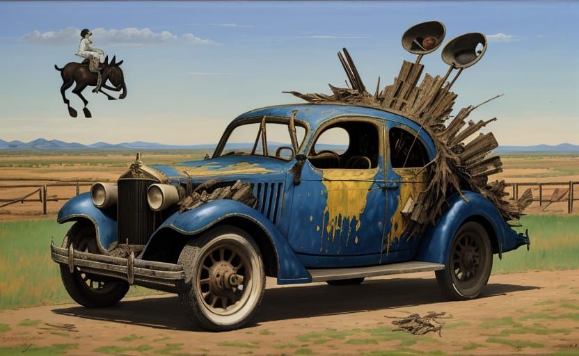 Surrealist Oil Painting of Car Birth to Horse Biting Phone