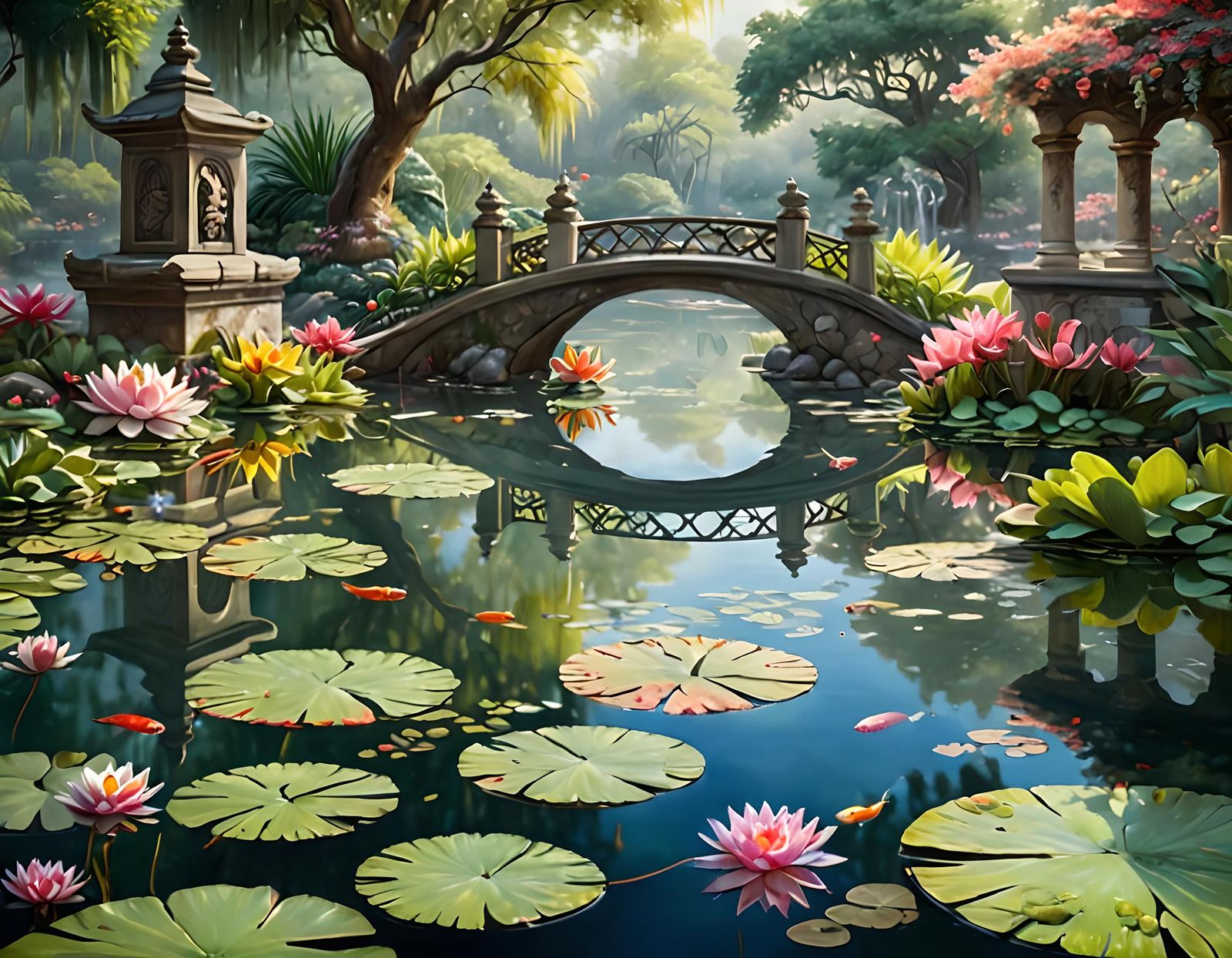 Tranquil Pond in Secret Garden: Oil Painting