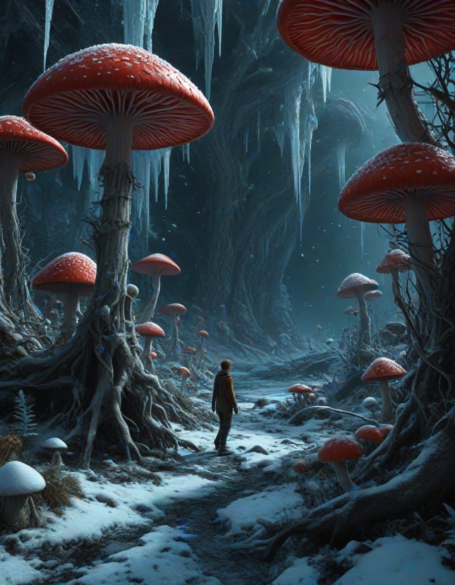Surreal Digital Landscape with Alien and Mushrooms in Icy Fo...