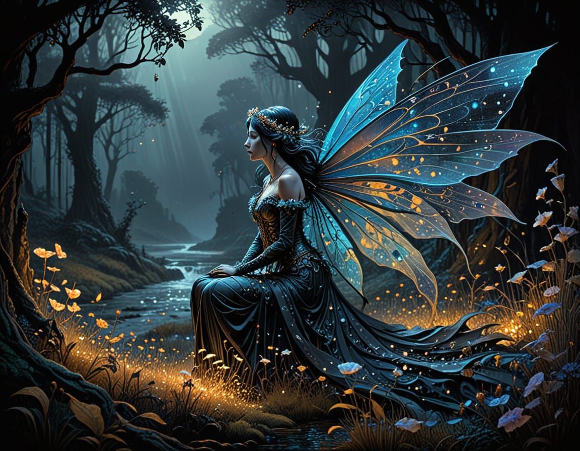 Weeping Fairy, Battlefield, Scratchboard Ink, Smoky sheen : ...