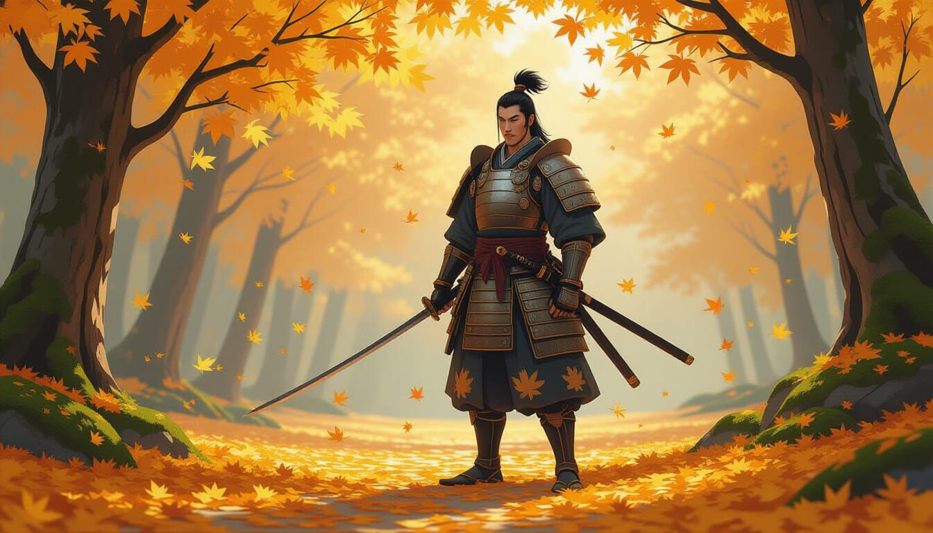 Samurai in Autumn Serenity, Kinetic Impasto Style