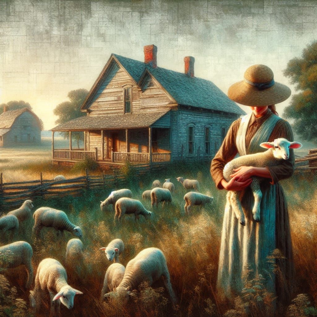 Idyllic Farm Life: Woman Holding Sheep in Morning Glow