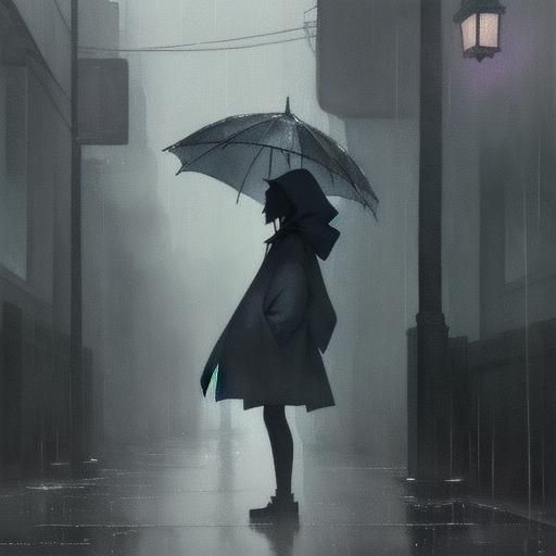 Depressed Figure in Rainy Cityscape: Anime-Inspired Watercol...